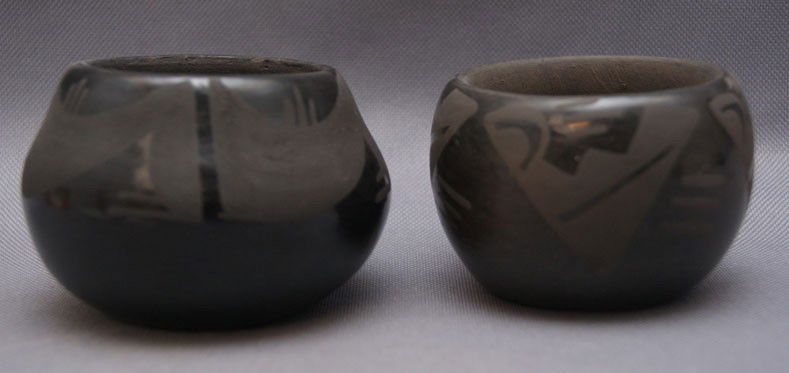 TWO SANTA CLARA POTTERY BOWLS: 1970s matte on black design. Small on signed Mary larger Marie, 2" x 3" Shipping charge are for the United States. The shipping on this lot is $10.00. Outside the United States there will be additiona