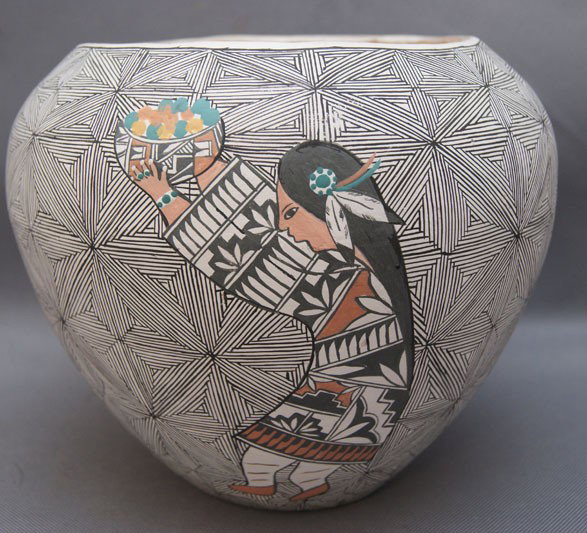 ACOMA POTTERY JAR: 1970s, fine line and figure design by R.L. Juanico, 6.5" x 7.5" Shipping charge are for the United States. The shipping on this lot is $10.00. Outside the United States there will be additional shippi