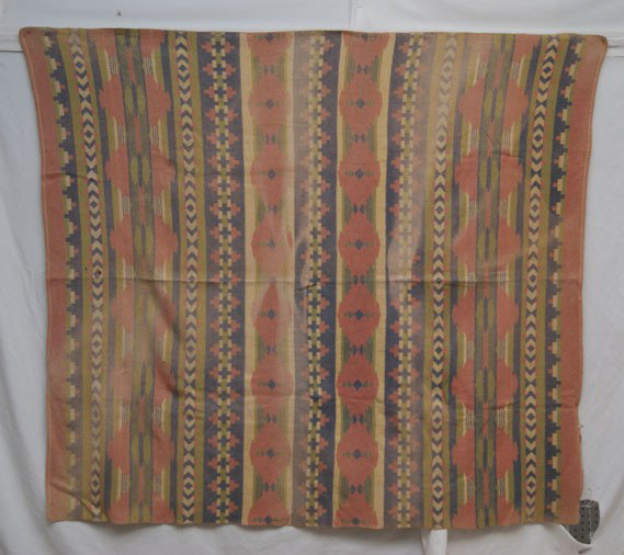 OLD CABIN BLANKET: 1920s 30s has edge ware, fading and stains, 70" x 62" Shipping charge are for the United States. The shipping on this lot is $10.00. Outside the United States there will be additional shipping fees. U