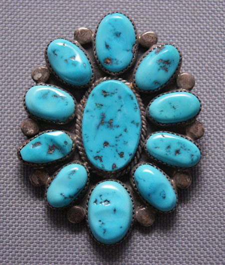 NAVAJO PIN/PENDANT: 1970s 80s sterling silver and turquoise signed hfnderson, 2.25" x 1.75" Shipping charge are for the United States. The shipping on this lot is $10.00. Outside the United States there will be additiona