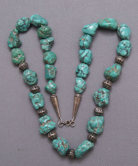 PUEBLO NECKLACE: 1970s 80s nugget turquoise and sterling silver beads, 20" long Shipping charge are for the United States. The shipping on this lot is $10.00. Outside the United States there will be additional shippin