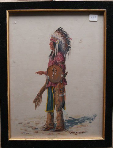 INDIAN PAINTING: 1972 painted on board is dirty and has scratches signed Bud Breen, 15.5" x 11.5" The shipping on this lot is $20.00.