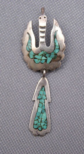 NAVAJO SILVER PIN: 1970 silver and turquoise Chip inlaid Peyote bird, 2.5" long Shipping charge are for the United States. The shipping on this lot is $10.00. Outside the United States there will be additional shipping 
