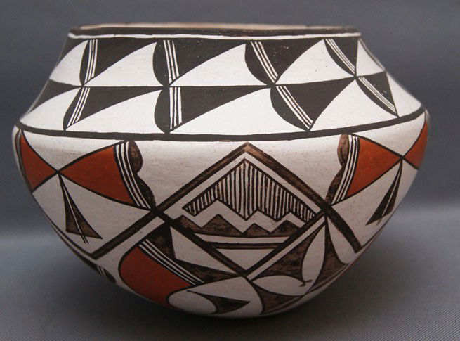 ACOMA POTTERY JAR: 1960s polychrome design signed Lucy M Lewis, 5.5" x 7" Shipping charge are for the United States. The shipping on this lot is $10.00. Outside the United States there will be additional shipping fees.
