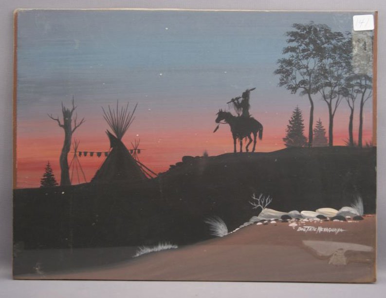 COMANCHE PAINING: 1950s, 60s night scene, by Doc Tate Nevaquaya, 13.5" x 18" Shipping charge are for the United States. The shipping on this lot is $20.00. Outside the United States there will be additional shipping fe