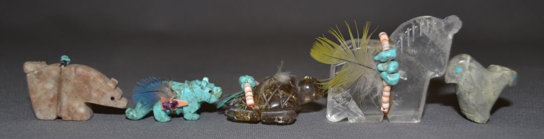 FIVE PUEBLO FETISHES: 1980s 90s hand carved largest horse fetish 1.75"x2"x.5" smallest turquoise mountain lion .75"x1.5"x.5" Shipping charge are for the United States. The shipping on this lot is $10.00. Outside the United