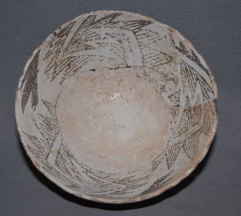 ANASAZI POTTERY BOWL: prehistoric black on white fine line design has been broken and glued missing paint has plaster 3.25"x6.75" Shipping charge are for the United States. The shipping on this lot is $20.00. Outside the U