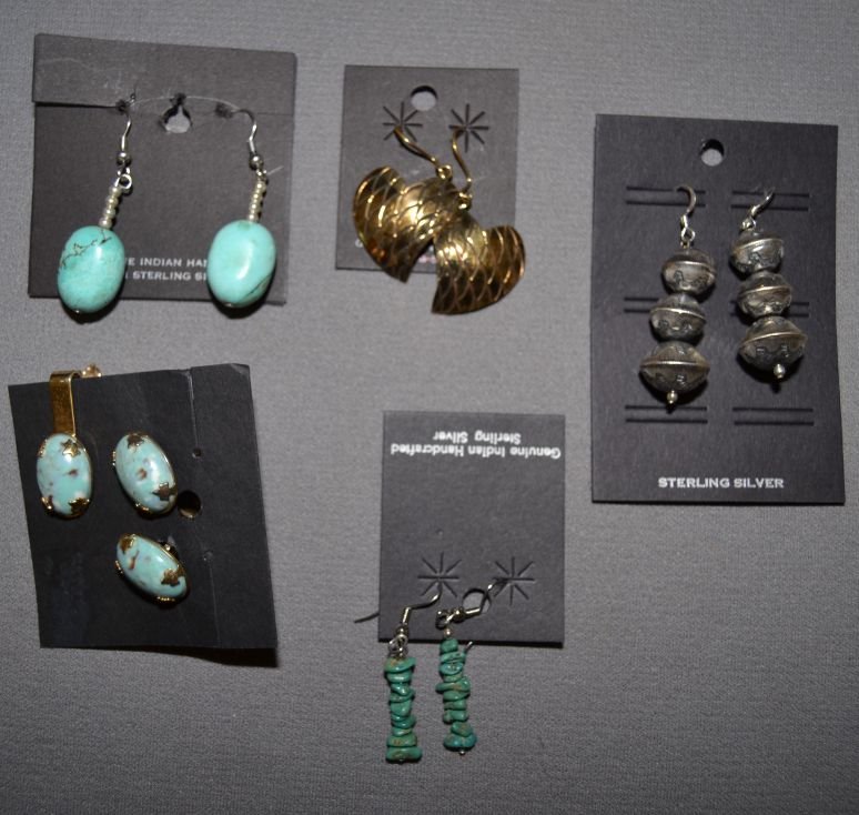 FOUR PAIRS OF EARRINGS ONE PAIR OF CUFF LINKS AND TIE: 1980s 90s all are hand made largest 1.5"x.5" Shipping charge are for the United States. The shipping on this lot is $10.00. Outside the United States there will be additional shipping fees.