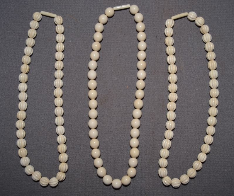 THREE NECKLACES: 1980s 90s hand carved ivory all are approx. 12.5' long Shipping charge are for the United States. The shipping on this lot is $15.00. Outside the United States there will be additional shipping fees.