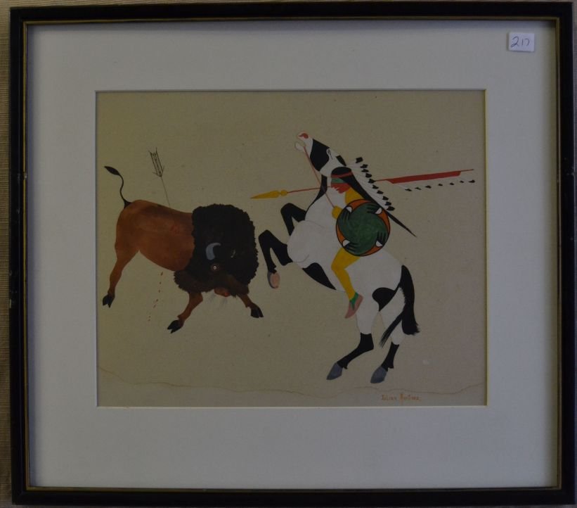 SAN ILDEFONSO PAINTING: 1930s 40s water color on paper has dirty spots water stain on bottom signed Juilan Martinez 10.75"x13" Shipping charge are for the United States. The shipping on this lot is $40.00. Outside the United