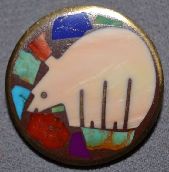 GOLD PUEBLO PIN PENDANT: 1980s 90s 10k and stone to stone and lay signed with loco 1.25 inches in diameter Shipping charge are for the United States. The shipping on this lot is $10.00. Outside the United States there will be