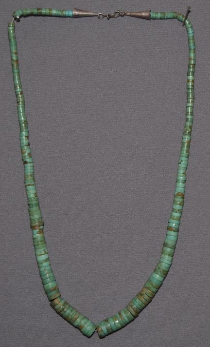 PUEBLO NECKLACE: 1960s 70s graduated turquoise sterling silver ends 26" long ` Shipping charge are for the United States. The shipping on this lot is $10.00. Outside the United States there will be additional shipping