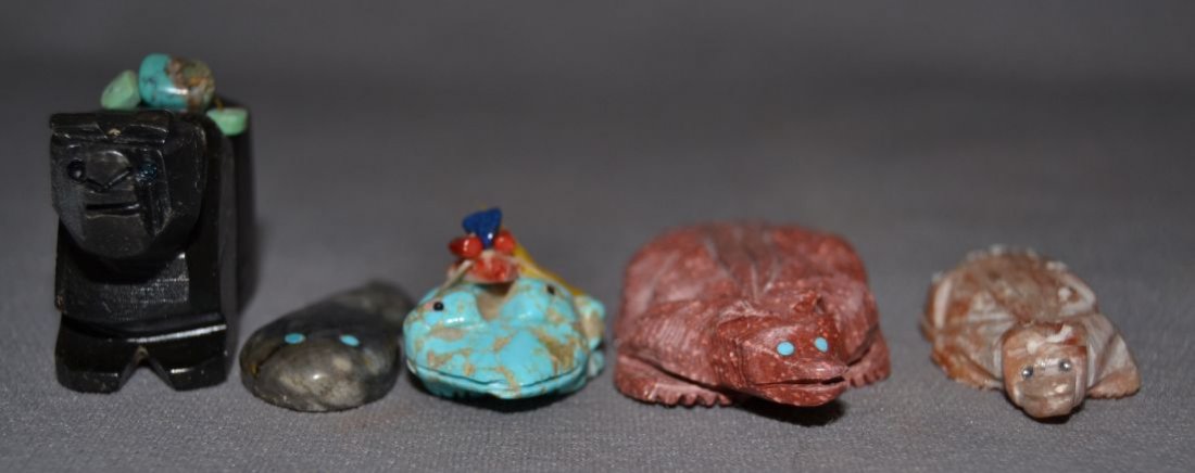 FIVE ZUNI FETISHES: 1980s 90s hand carved largest pipestone turquoise eyes signed KS .5"x3"x1.25" Shipping charge are for the United States. The shipping on this lot is $10.00. Outside the United States there will be add