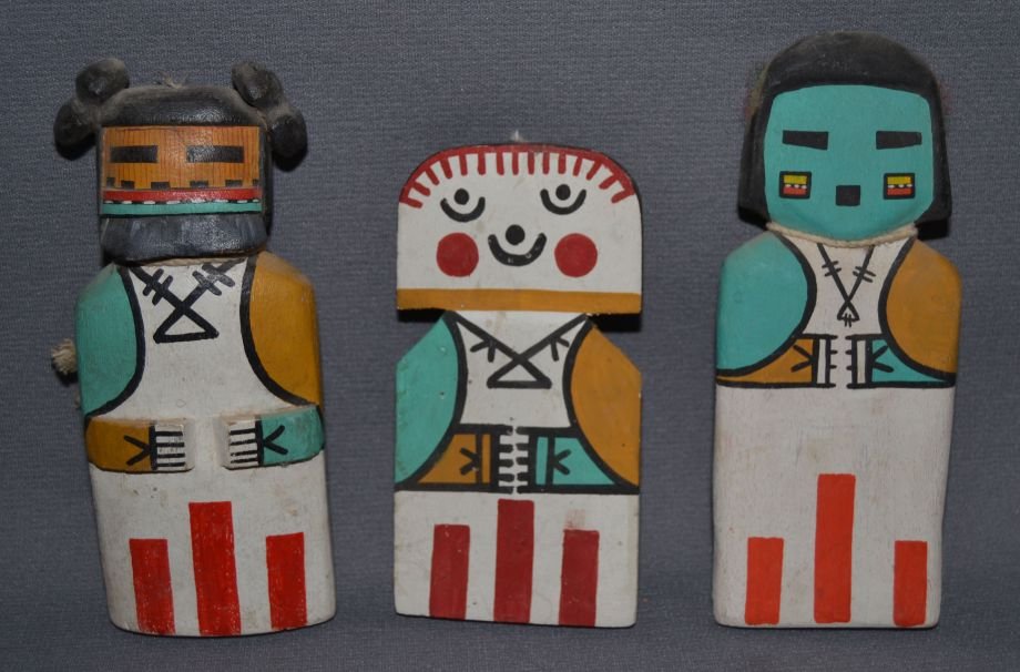 THREE HOPI FLAT DOLLS: 1950s 60s hand carved and painted largest 6.75"x2.5"x.5" Shipping charge are for the United States. The shipping on this lot is $10.00. Outside the United States there will be additional shipping fees