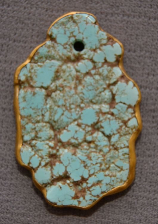 NAVAJO PENDANT: 1980s 90s turquoise sterling silver and 18K gold signed F.P.S. for Sam Pantania 2.25"x1.5" Shipping charge are for the United States. The shipping on this lot is $15.00. Outside the United States ther