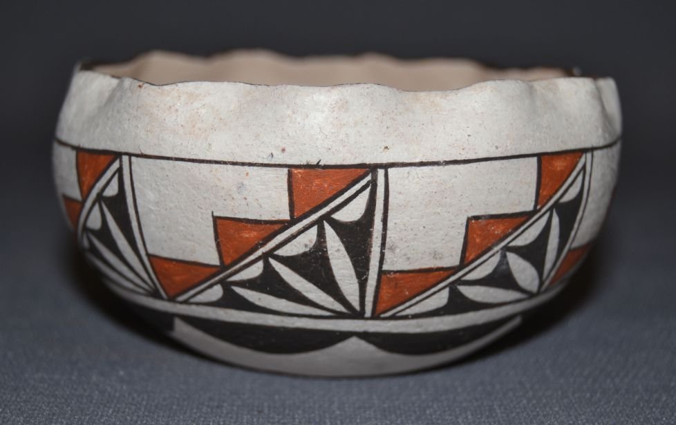 LAGUNA POTTERY BOWL: 1980s 90s polychrome design signed Andria Koyona 2"x4" Shipping charge are for the United States. The shipping on this lot is $10.00. Outside the United States there will be additional shipping fees. 