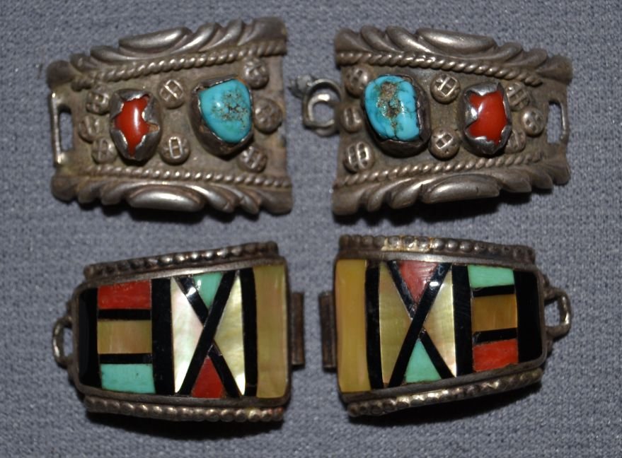 TWO SETS OF WATCH TIPS: 1960s 70s sterling silver Navajo pair turquoise and coral signed Etta Garcia 1"x.75" missing loop to hook watch to Zuni set stone to stone inla signed HE Cellicion 1.25"x.75" Shipping charge are for t