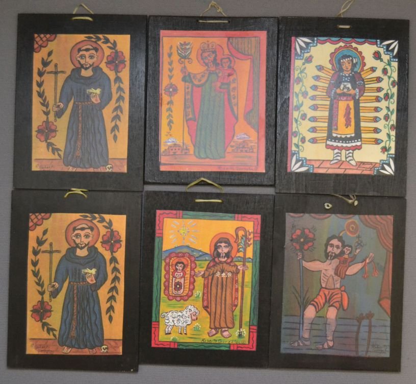 SIX MEXICAN RETABLOS: contemporary prints on paper mounted on wood signed Robert Gonzalez 5"x4" Shipping charge are for the United States. The shipping on this lot is $10.00. Outside the United States there will be additio