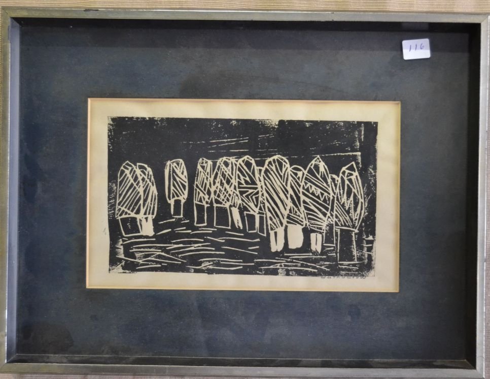 WOODBLOCK PRINT: 1960s 70s on paper signed in pencil Cathy Crow 6"x10" Shipping charge are for the United States. The shipping on this lot is $10.00. Outside the United States there will be additional shipping fees. D