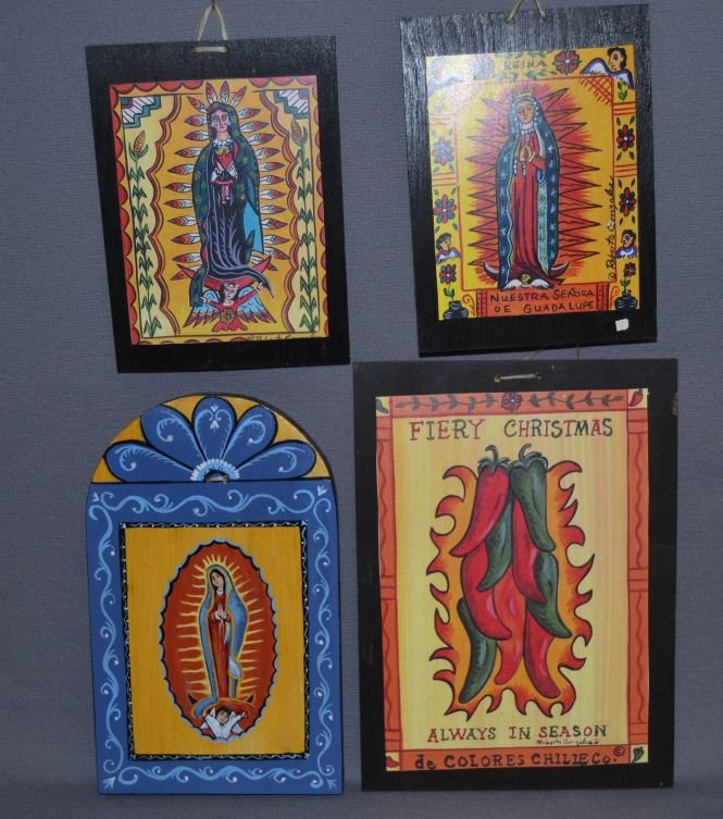 FOUR MEXICAN RETABLOS: contemporary hand painted on wood largest signed Roberto Gonzales 9.5"x7" Shipping charge are for the continental United States only There will be additional shipping fees on shipments to Hawaii, Alas