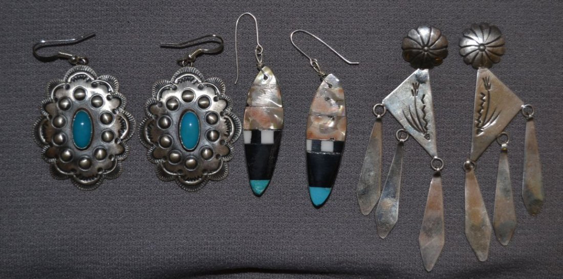 THREE PAIRS OF EARRINGS: 1980s 90s 2 pairs sterling silver largest stamped design signed RJ 3"x.75" medium turquoise stone 1.5"x1" Santo Domingo overlay on turquoise 1.5"x.5" Shipping charge are for the continental United Sta