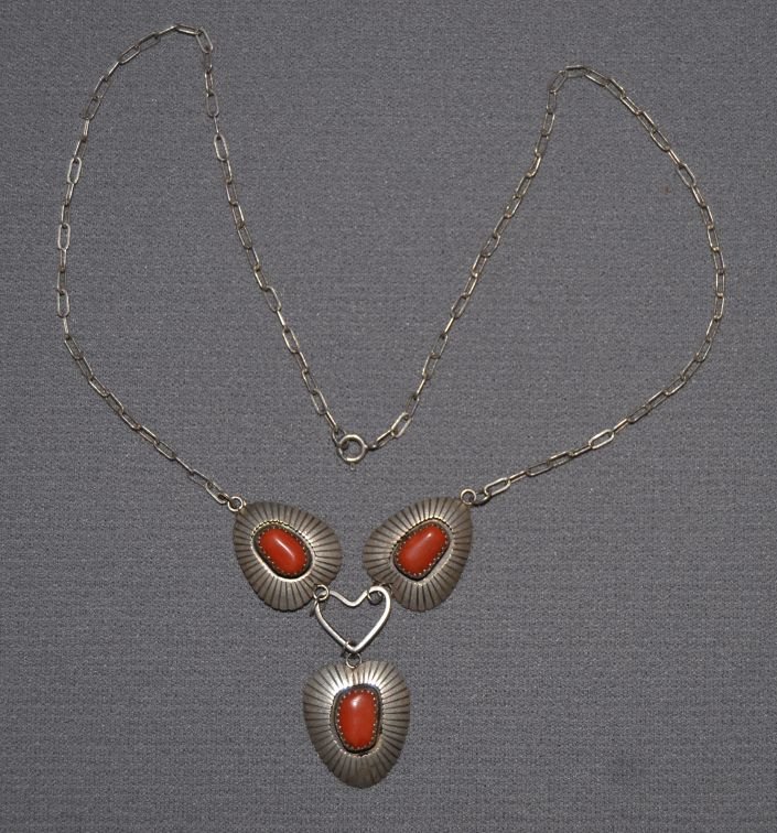 NAVAJO NECKLACE: 1960s 70s sterling silver hand made chain shadow box coral design 14" long Shipping charge are for the continental United States only There will be additional shipping fees on shipments to Hawaii, Ala