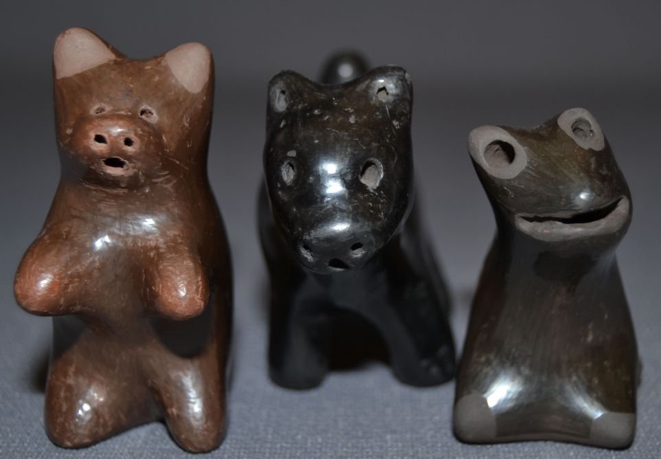 THREE SANTA CLARA POTTERY ANIMALS: 1980s 90s black ware largest carved bear paw design on back signed Olana 2.25"x3.75"x1.25" medium matte on brown design signed Anita S. 2.75"x1.25" smallest matte on black design signed Marie 2.25"x1.