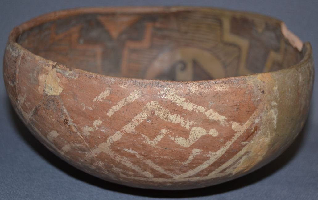 ANASAZI POTTERY BOWL: prehistoric black on red geometric design with white on red outside 40% plaster has repaint 3.5"x8" Shipping charge are for the continental United States only There will be additional shipping fees on