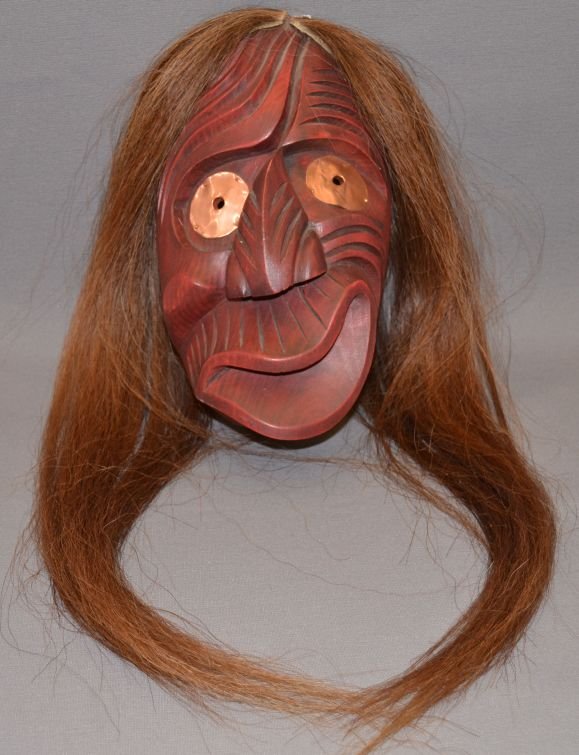 IROQUOIS MASK: 1997 hand carved and painted wood copper eyes and horse hair signed Clarence Langboat 11.5"x7.5"x4.75" not including hair Shipping charge are for the continental United States only There will be addit