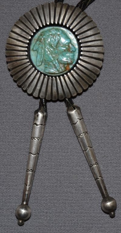 NAVAJO BOLO: 1980s 90s sterling silver shadow box design carved turquoise stone 2" diameter Shipping charge are for the continental United States only There will be additional shipping fees on shipments to Hawaii,