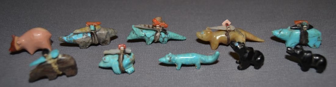 COLLECTION OF TEN PUEBLO FETISHES: 1980s 90s hand carved 5 turquoise largest stone .75"x2.5"x.5"" Shipping charge are for the continental United States only There will be additional shipping fees on shipments to Hawaii, Alaska and outs