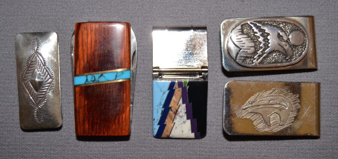FIVE MONEY CLIPS: 1980s 90s sterling silver and stainless steel largest folding knife with wood and turquoise 2"x1.25"" Shipping charge are for the continental United States only There will be additional shipping fees 