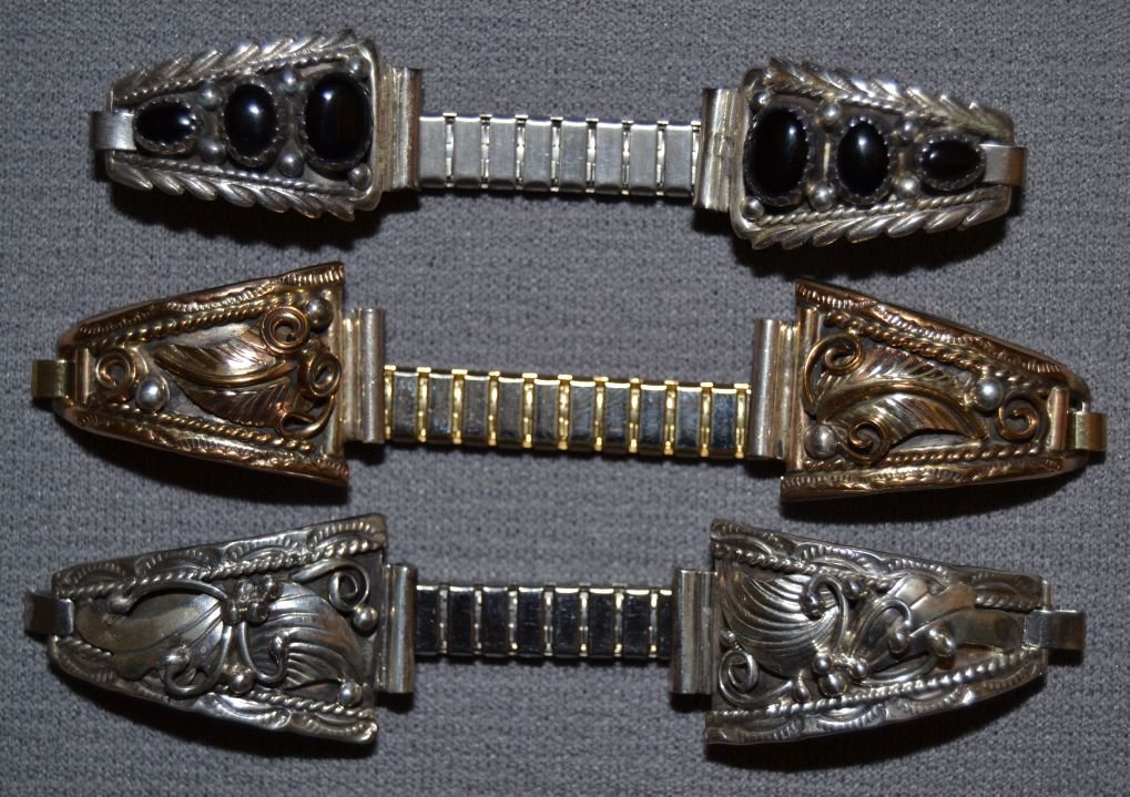 COLLECTION OF THREE SETS OF NAVAJO WATCH TIPS: 1980s 90s sterling silver large pair 1.25"x.75" gold wash pair 1"x.75" Shipping charge are for the continental United States only There will be additional shipping fees on shipments to Hawaii, Alaska 