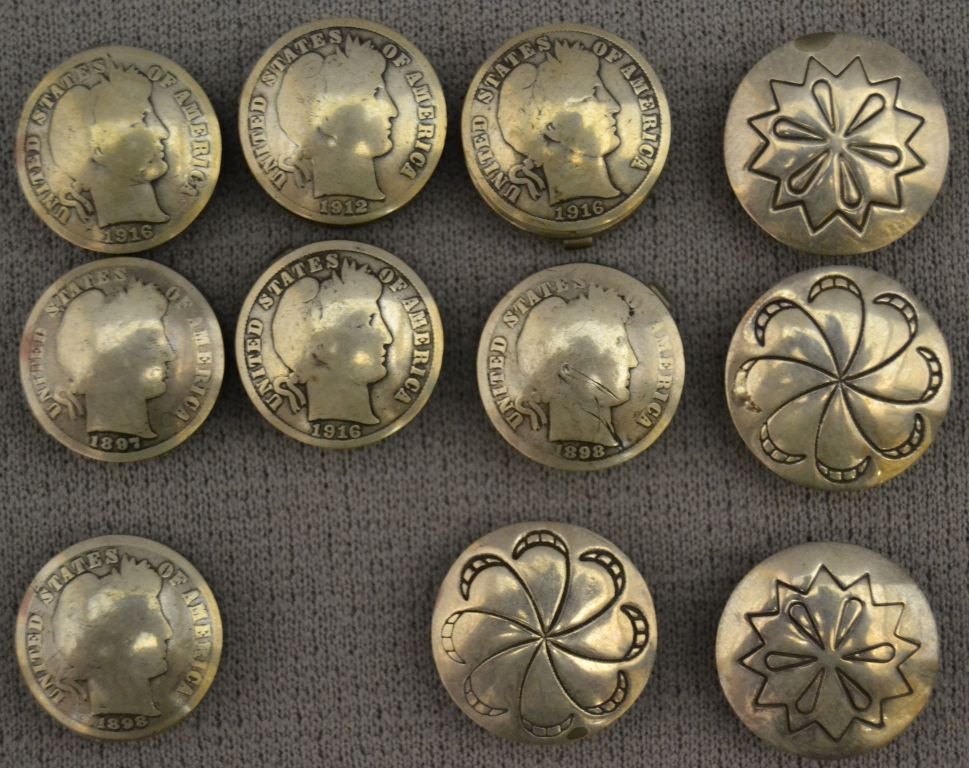 COLLECTION OF ELEVEN BUTTON COVERS: 1970s 80s 7 made from dimes 4 have stamped design all are approx. .5" diameter Shipping charge are for the continental United States only There will be additional shipping fees on shipments to Hawaii,