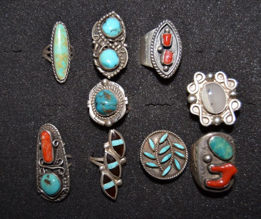 TEN SILVER NAVAJO RINGS: 1970s 80s sterling silver have turquoise coral mother of pearl and jet largest one size 11 Shipping charge are for the continental United States only There will be additional shipping fees on shipment
