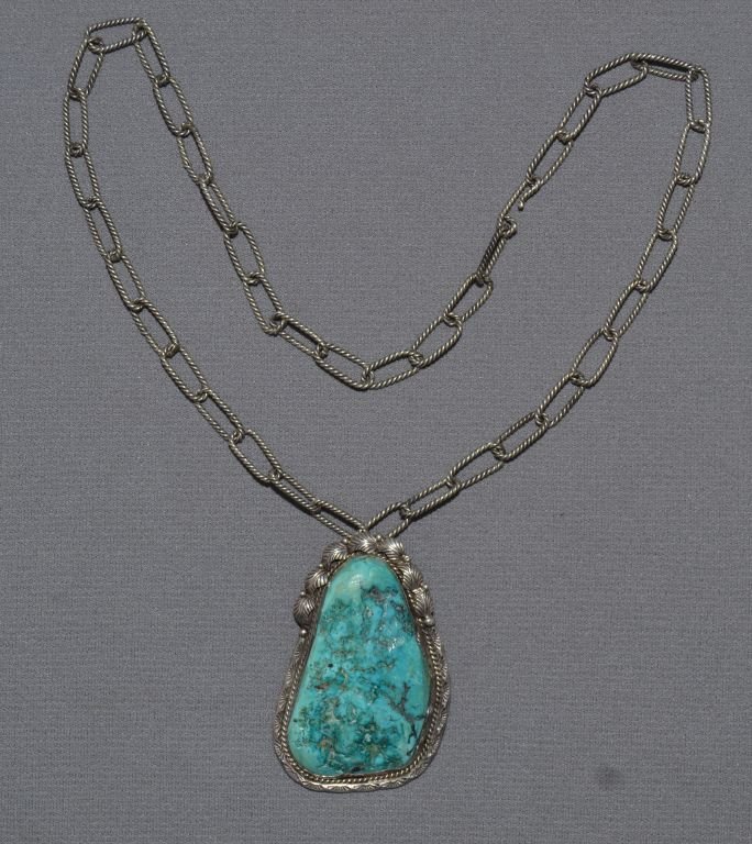 NAVAJO SILVER PENDANT: 1970s 80s sterling silver single turquoise stone signed JBP 2.75"x2" hand made silver chain 21" long Shipping charge are for the continental United States only There will be additional shipping fees o