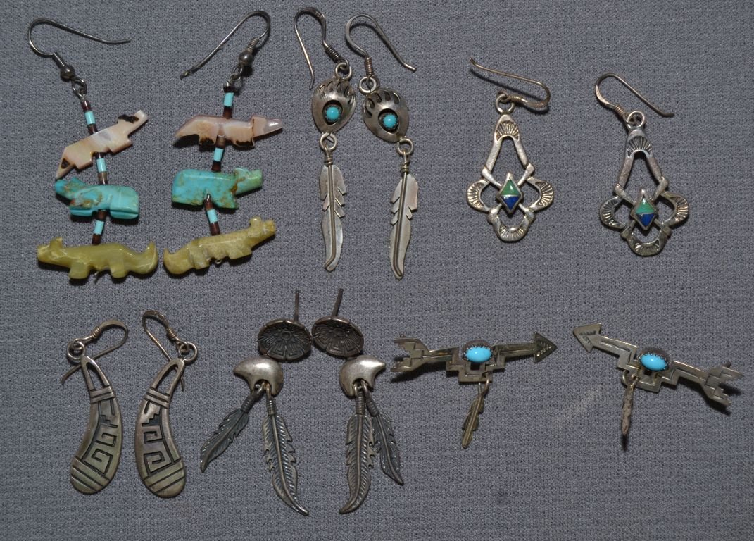 COLLECTION OF SIX PAIRS OF PUEBLO EARRINGS: 1980s 90s 5 pair are sterling silver 1 pair fetish dangle 2.25"x1" Shipping charge are for the continental United States only There will be additional shipping fees on shipments to Hawaii, Alaska and 