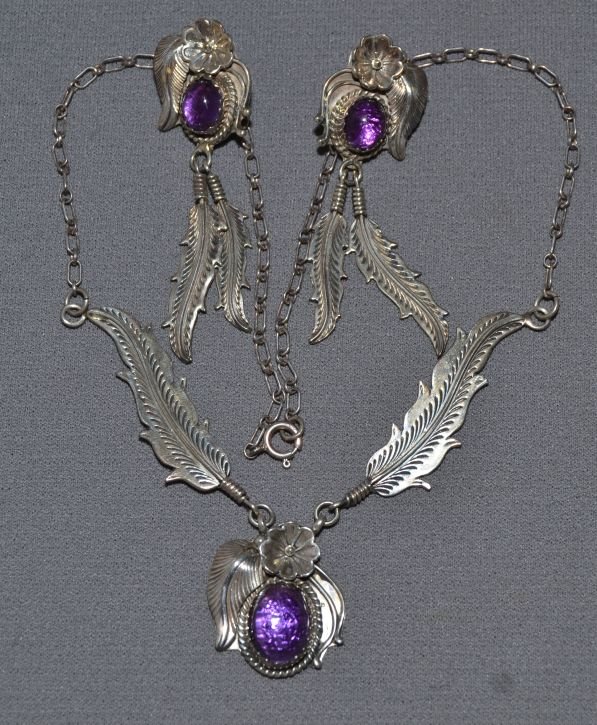 NAVAJO JEWELRY SET: 1980s 90s sterling silver leaf pattern and purple stone necklace 17" long earrings 3"x1" signed MD Shipping charge are for the continental United States only There will be additional shipping fees on 