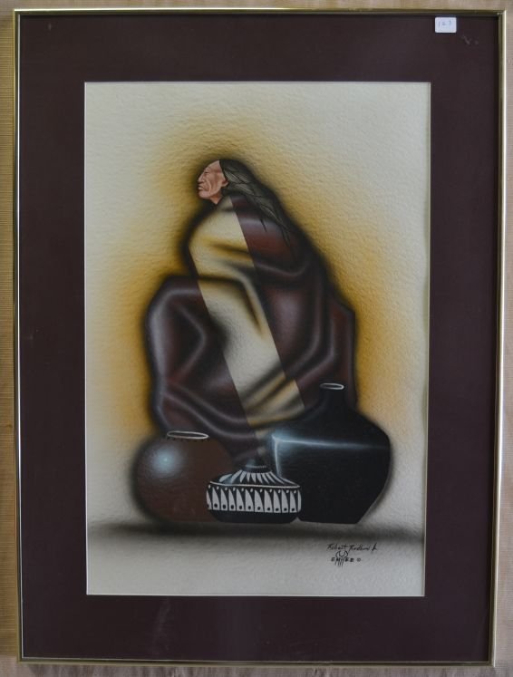 KIOWA PAINTING: contemporary mixed media on paper signed Robert Redbird Jr 21.25"x14" Shipping charge are for the continental United States only There will be additional shipping fees on shipments to Hawaii, Alaska a