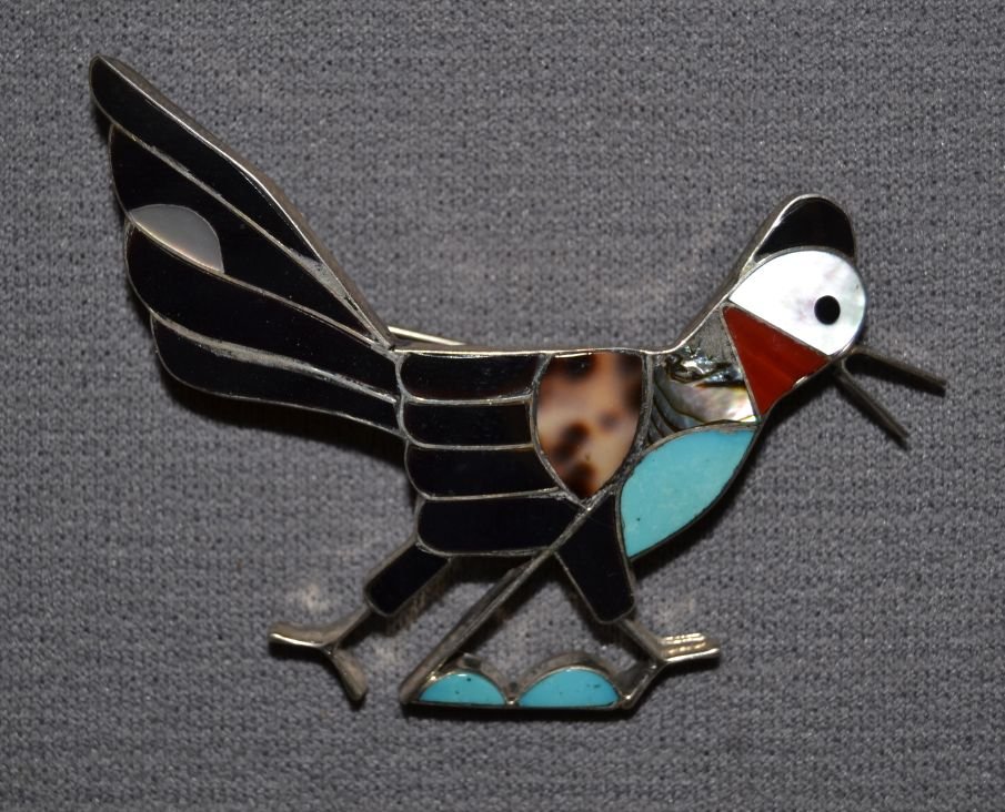 ZUNI SILVER PIN: 1960s 70s sterling silver channel inlay bird signed with electric pencil A.Wallace 1.75"x2.5" Shipping charge are for the continental United States only There will be additional shipping fees on shipm