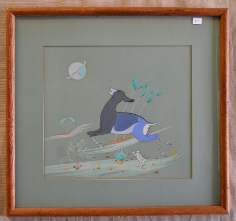 NAVAJO PAINTING: 1957 watercolor on paper of deer and rabbit signed Robert Chee 13.75"x14.25" Shipping charge are for the continental United States only There will be additional shipping fees on shipments to Hawaii, A
