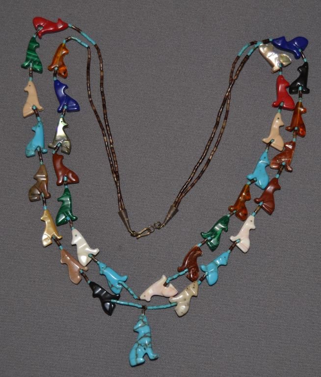 PUEBLO FETISHES: 1980s 90s 2 strands hand carved coyotes and shell heshi 26" long Shipping charge are for the continental United States only There will be additional shipping fees on shipments to Hawaii, Alaska and ou