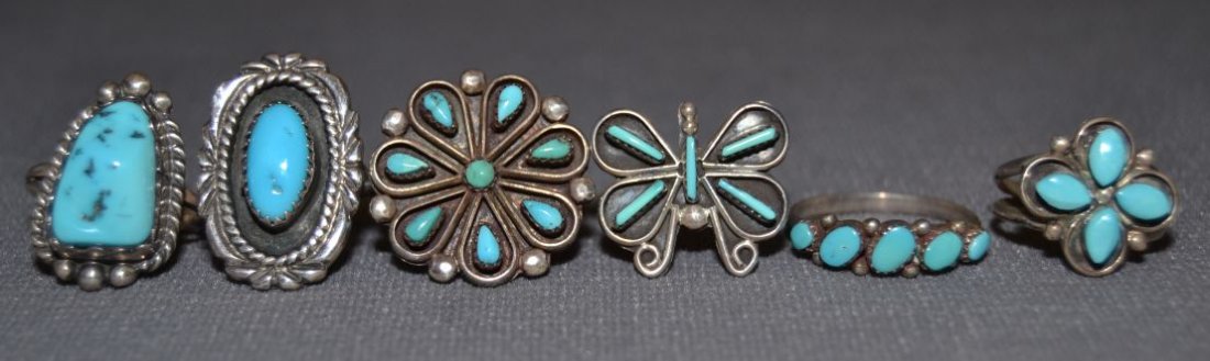 SIX NAVAJO/ZUNI RINGS: 1970s 80s sterling silver and turquoise largest size 5 Shipping charge are for the continental United States only There will be additional shipping fees on shipments to Hawaii, Alaska and outside the 