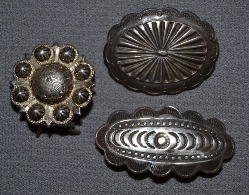 THREE SILVER ITEMS: 1960s 70s sterling silver 2 Navajo pins hand stamped 1 western silver clip largest .75"x1.5" Shipping charge are for the continental United States only There will be additional shipping fees on shipme