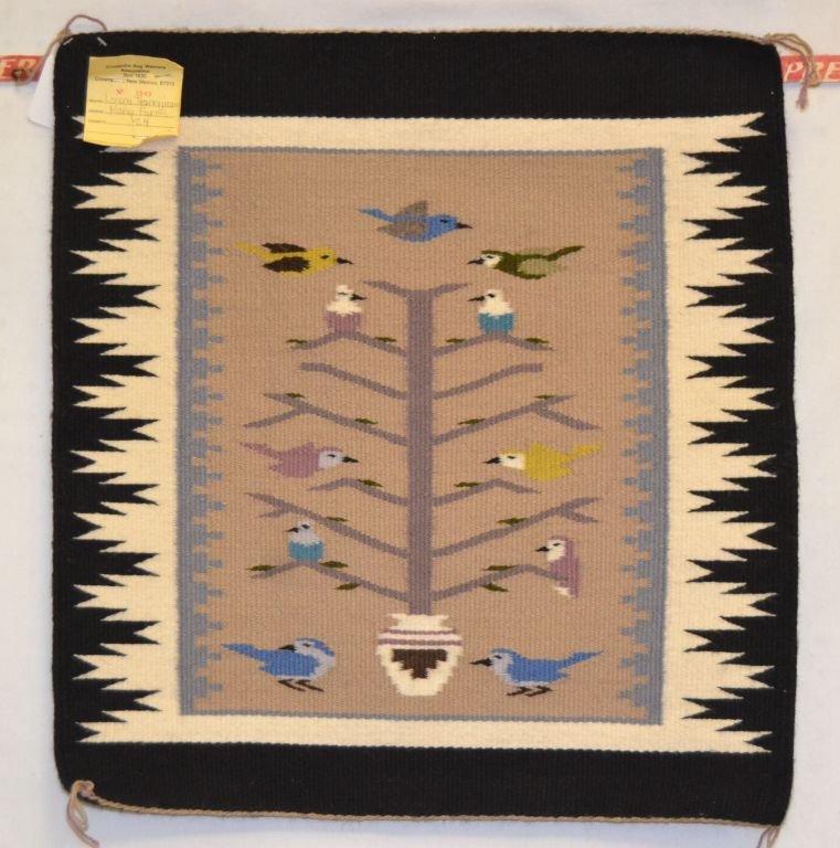 NAVAJO PICTORIAL TEXTILE: 1970s 80s tree of life design has weavers tag for Lorena Tsinnijinnie 25"x23" Shipping charge are for the continental United States only There will be additional shipping fees on shipments to Hawaii, 