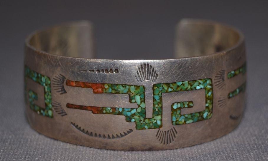NAVAJO SILVER BRACELET: 1960s 70s sterling silver chip inlay turquoise and coral 5.25"x1"x1" Shipping charge are for the continental United States only There will be additional shipping fees on shipments to Hawaii, Alaska an