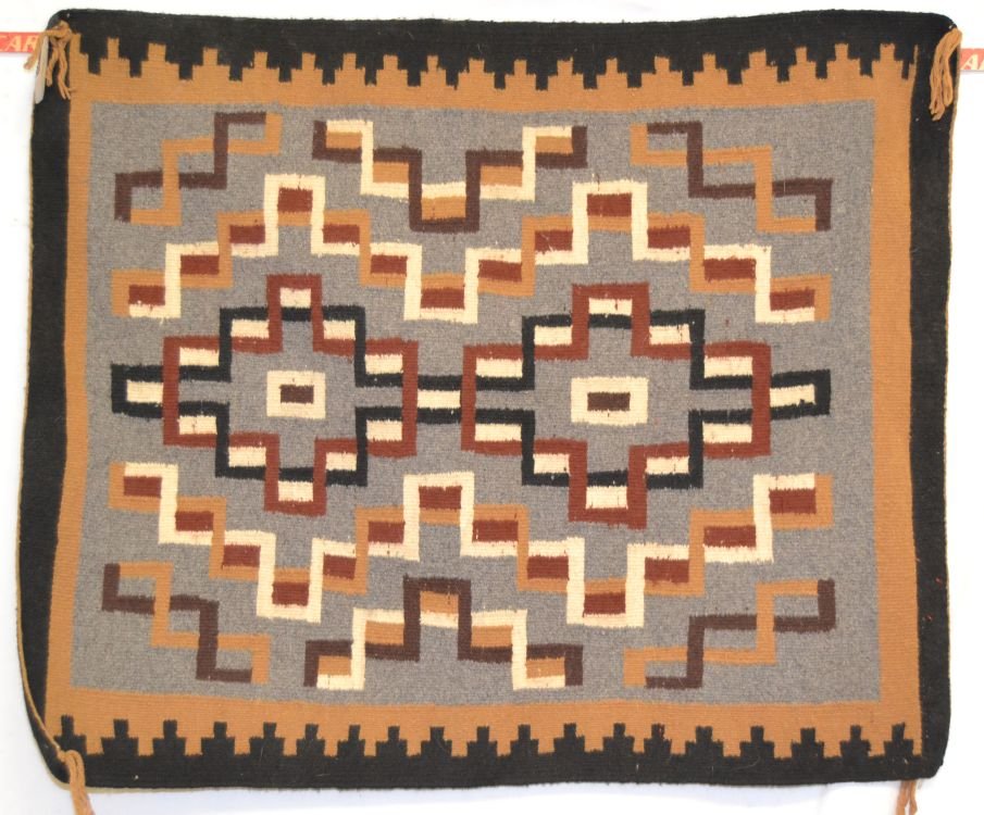 NAVAJO TEXTILE: 1970s 80s all natural grey black gold and brown design 36"x29" Shipping charge are for the continental United States only There will be additional shipping fees on shipments to Hawaii, Alaska and outs