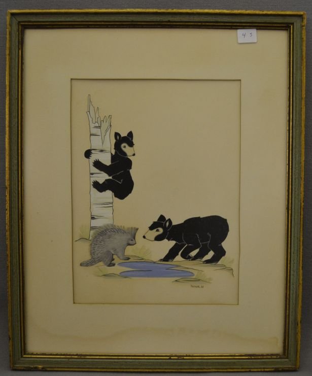 APACHE PAINTING: 1962 portraing porcupine and bears playing by Mescalero artist Palmer 10"x 7.5" Shipping charge are for the continental United States only There will be additional shipping fees on shipments to Hawaii