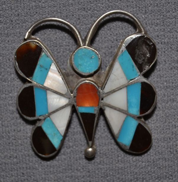 NAVAJO SILVER PIN: 1960s 70s sterling silver and channel inlay butterfly 1.5"x1.5" has chipped stone Shipping charge are for the continental United States only There will be additional shipping fees on shipments to Hawa