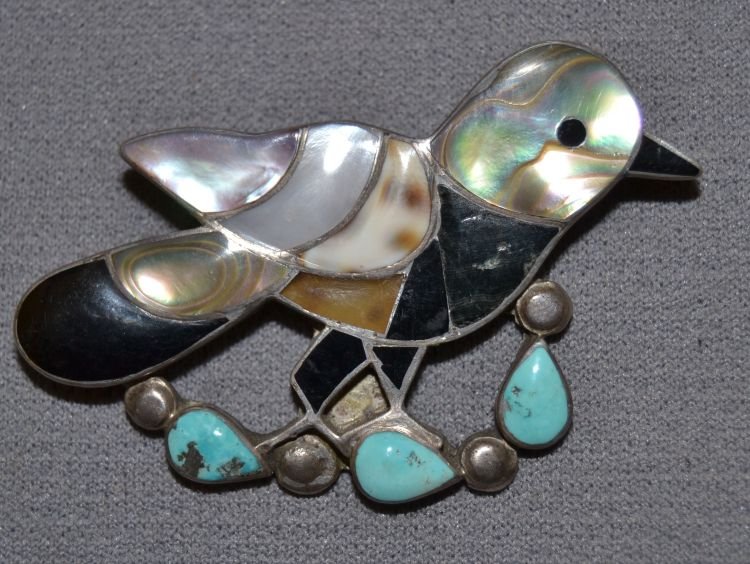 NAVAJO SILVER PIN: 1960s 70s sterling silver channel inlay bird design 1.25"x2.25" Shipping charge are for the continental United States only There will be additional shipping fees on shipments to Hawaii, Alaska and out